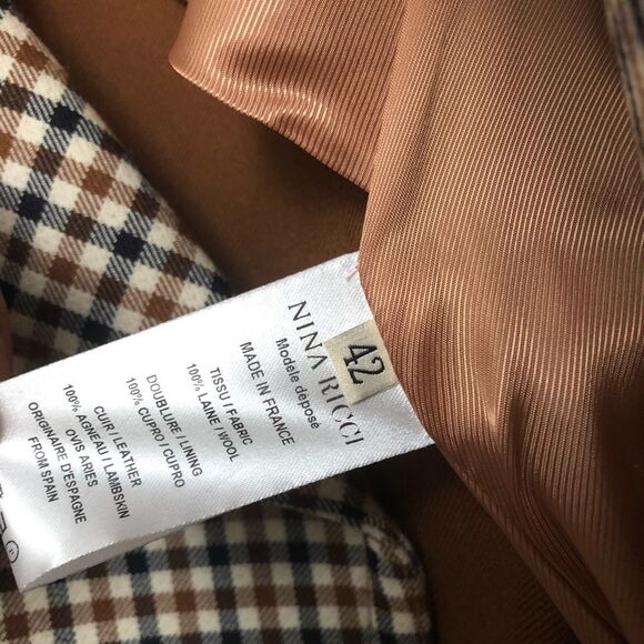 Nina Ricci Trench Coat Heritage Checkered Printed Wool Leather Trim Belted 42 - Picture 13 of 13